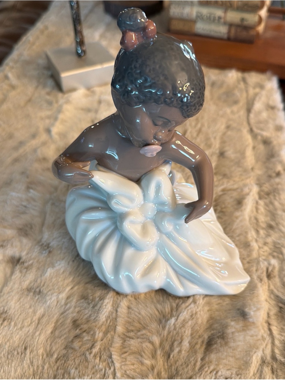 Lladro Nao Glossy Ceramic Figurine - Brown, White & Pink Sitting Girl